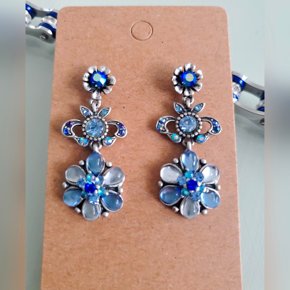 Pewter and Blue Floral Earrings